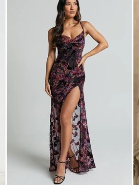 NWT Showpo Aletta Maxi Dress Velvet Floral Burnout Formal Cowl Neck Size 8